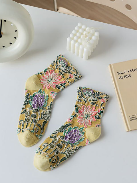 5 paires de chaussettes mi-mollet en jacquard à fleurs vintage pour femmes