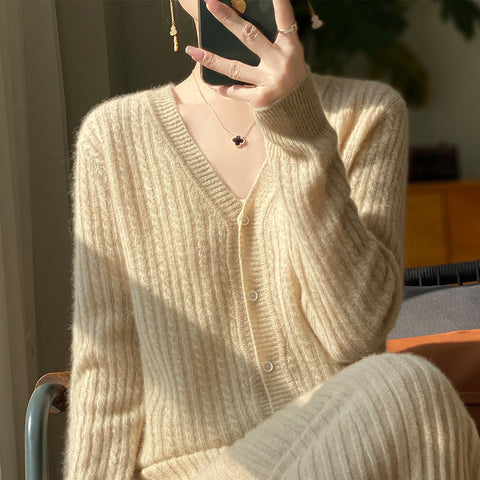 Pull cardigan en tricot à col en V 100 % laine pour femme