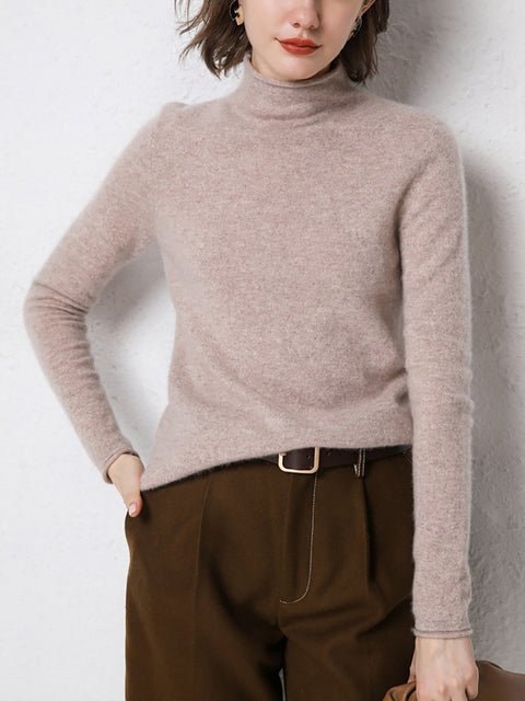 Women Autumn Solid Half High Collar 100%Wool Sweater