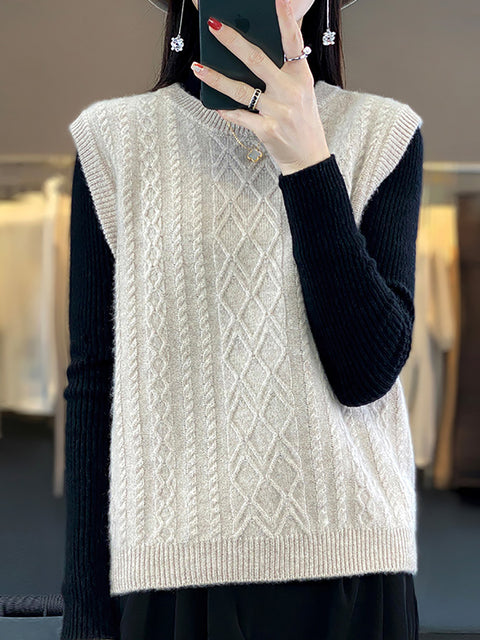 Women Casual Wool O-Neck Twist Knit Vest