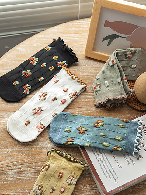 Lot de 5 paires de chaussettes d'été en jacquard à fleurs artistiques pour femmes