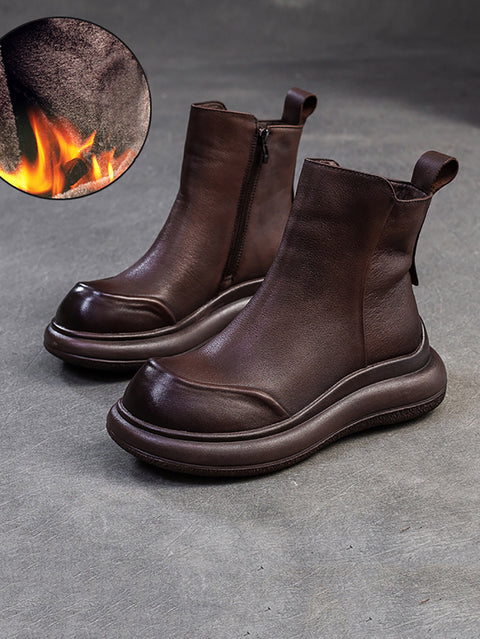 Bottes d'hiver décontractées à talons mi-hauts en cuir avec fermeture éclair pour femmes