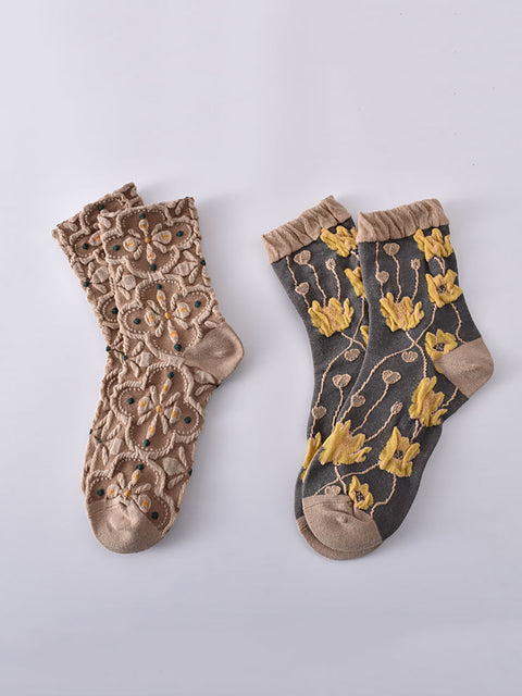 5 paires de chaussettes jacquard à fleurs vintage pour femmes, automne