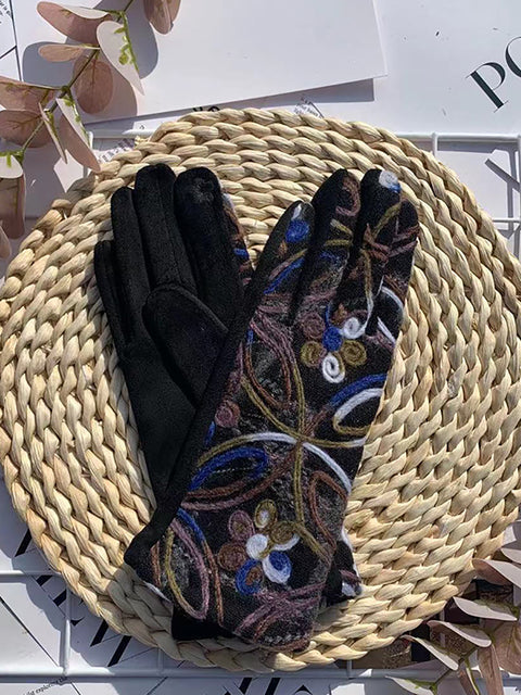 Gants de cyclisme chauds avec broderie de fleurs ethniques pour femmes