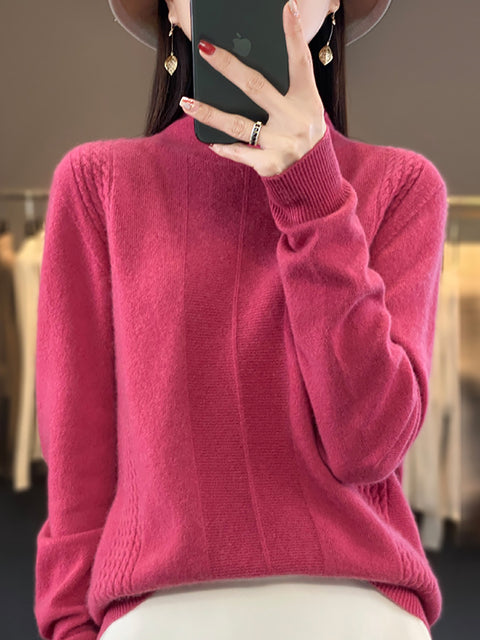 Women Autumn Half-Turtleneck Knit 100%Wool Sweater