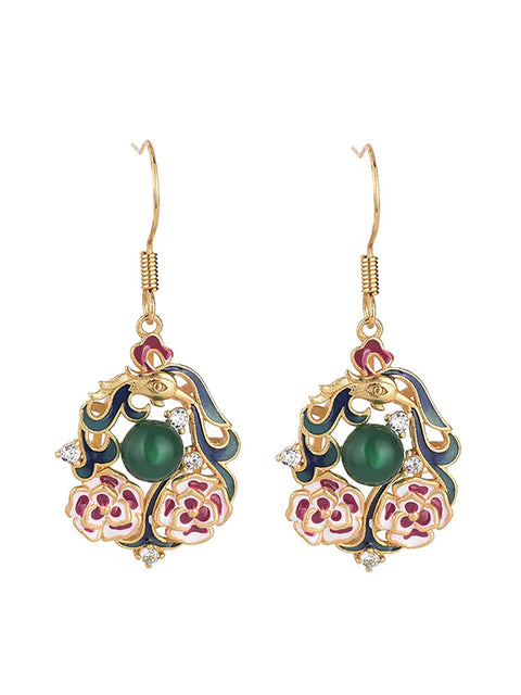 Boucles d'oreilles en argent et Jade pour femmes, Style chinois, fleur en émail