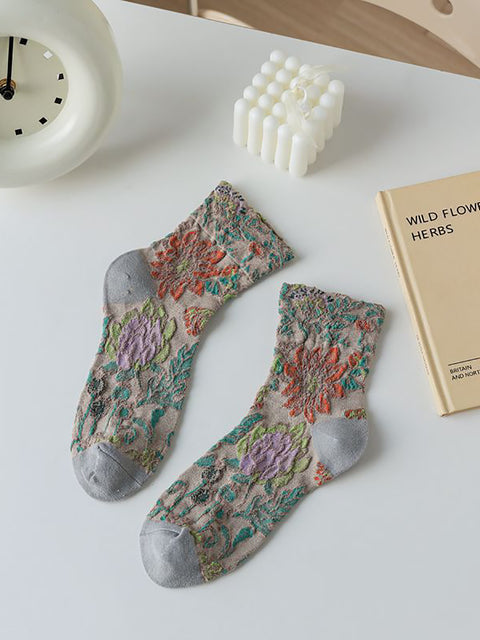 5 paires de chaussettes mi-mollet en jacquard à fleurs vintage pour femmes