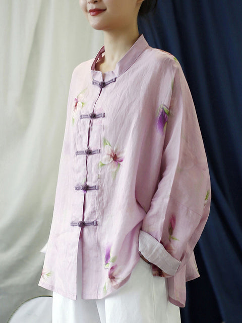 Manteau chemise en ramie rose vintage à fleurs pour femmes de grande taille