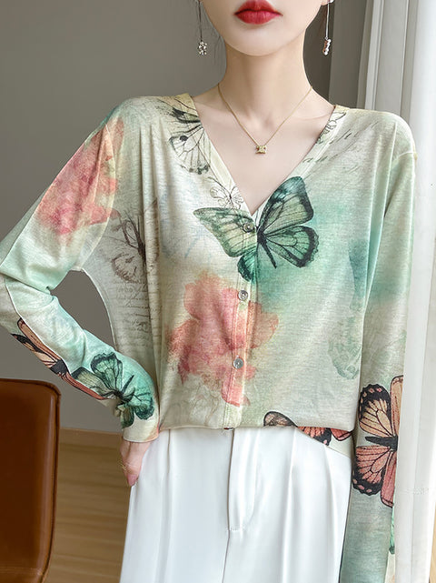 Women Spring Casual Flower V-Neck Shirt