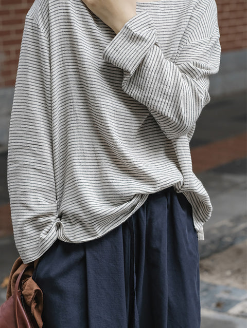 Chemise Décontractée à Manches Longues à Rayures Vintage de Grande Taille