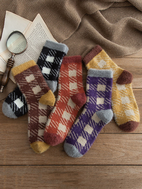 Lot de 5 paires de chaussettes d'hiver en peluche à carreaux pour femmes