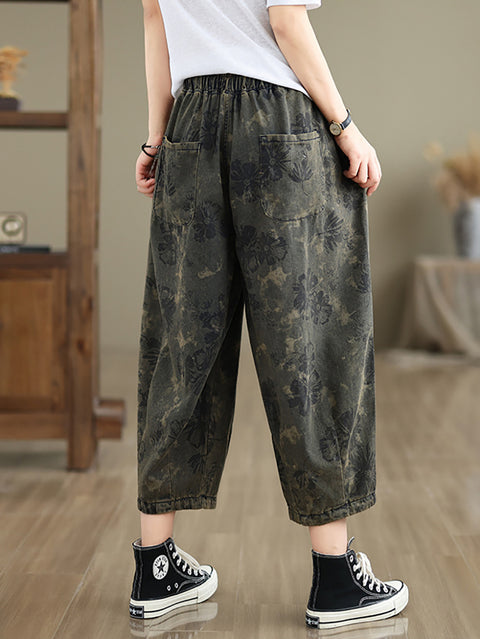 Pantalon ample en denim à fleurs rétro pour femme