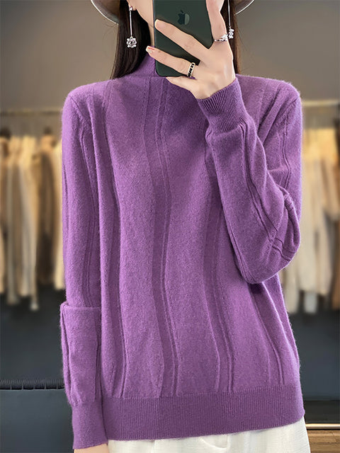 Women Autumn Half-Turtleneck Knit 100%Wool Sweater