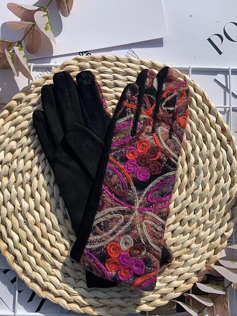 Gants de cyclisme chauds avec broderie de fleurs ethniques pour femmes