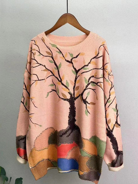 Pull décontracté à col rond tricoté à fleurs pour femmes, hiver