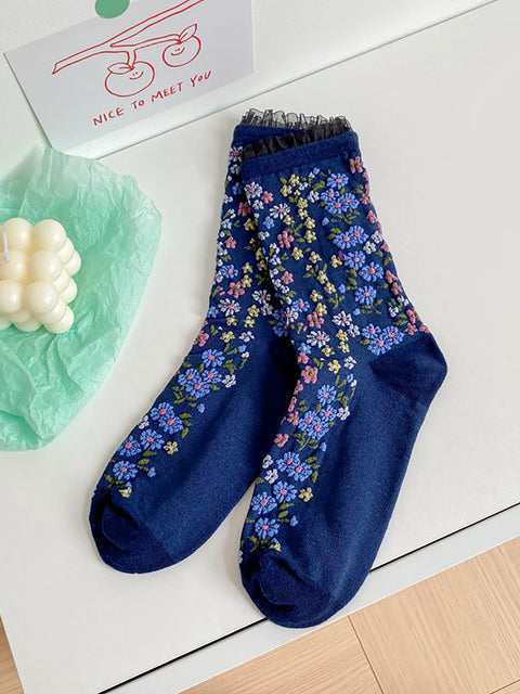 5 paires de chaussettes vintage en dentelle florale pour femmes