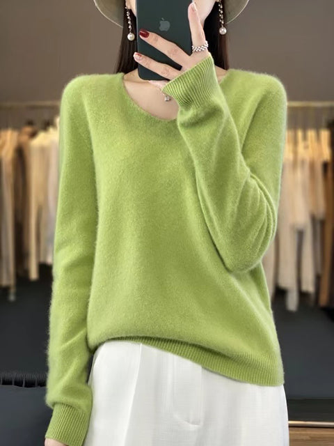 Pull en tricot à col en V de couleur unie pour femme