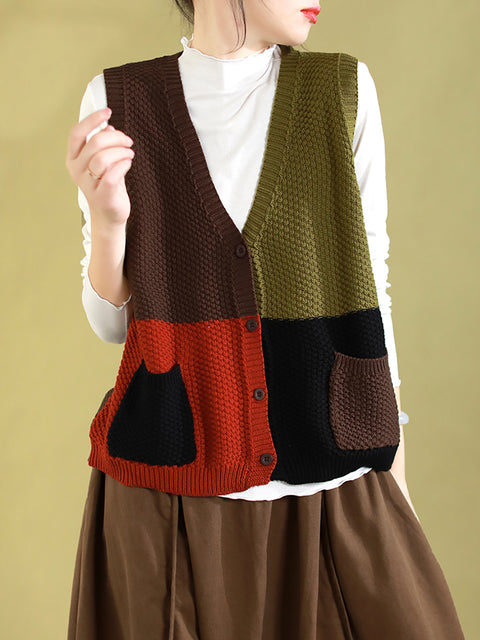 Women Autumn Colorblock Knitted V-Neck Vest