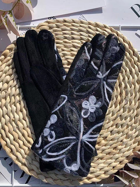 Gants de cyclisme chauds avec broderie de fleurs ethniques pour femmes