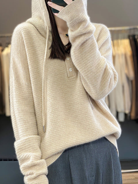 Women Autumn Soft Solid Knit 100%Wool Hooded Sweater