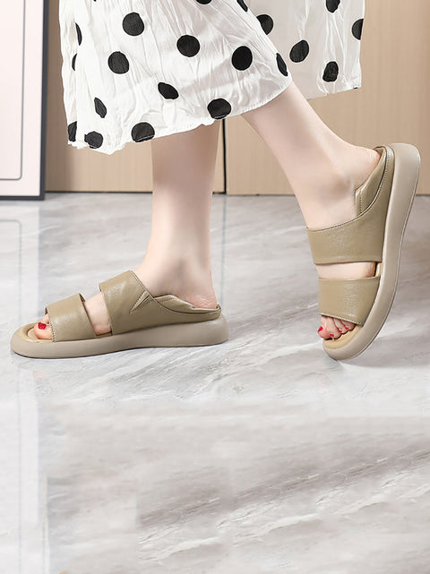 Women Summer Solid Leather Soft Flat Peep-toe Shoes