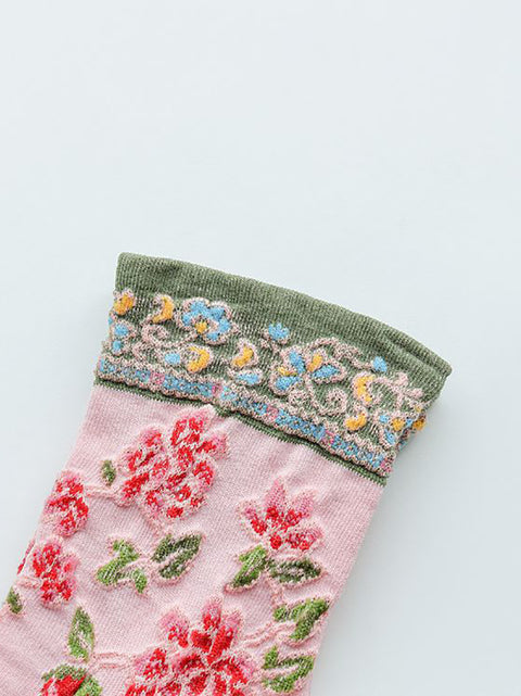 5 paires de chaussettes en coton jacquard floral vintage pour femmes