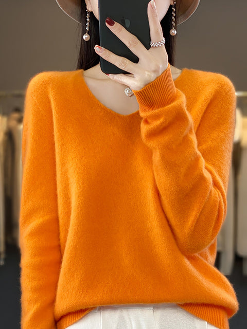 Pull en tricot à col en V de couleur unie pour femme