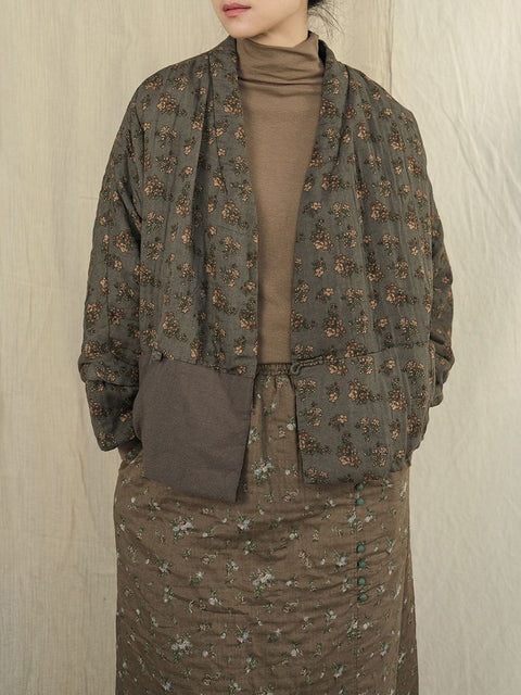 Manteau rembourré à col en v épissé à fleurs vintage pour femme