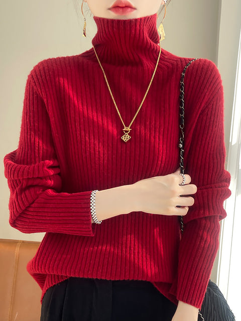 Women Autumn Casual Solid Turtleneck Wool Knit Sweater