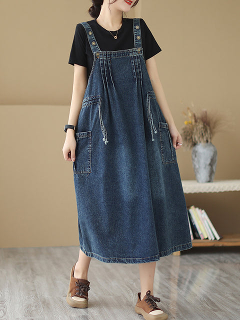 Robe en jean rétro plissée avec poches et cordon de serrage pour femmes, été