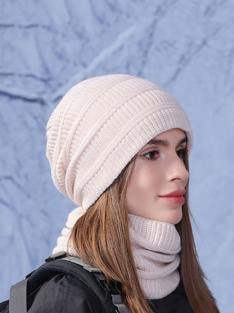 Bonnet et écharpe en tricot doublés de polaire coupe-vent et chauds pour l'hiver