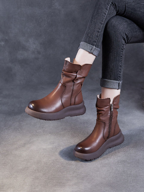 Bottes d'hiver à talons bas en cuir véritable pour femmes