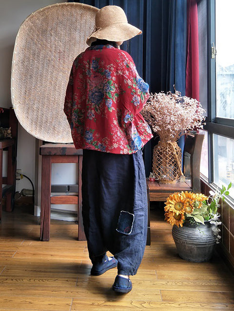 Veste en coton à boutons de fleurs ethniques pour femmes