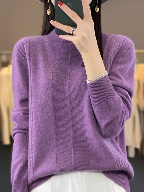 Women Autumn Half-Turtleneck Knit 100%Wool Sweater