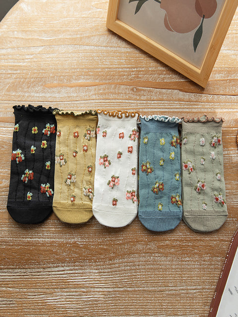 Lot de 5 paires de chaussettes d'été en jacquard à fleurs artistiques pour femmes