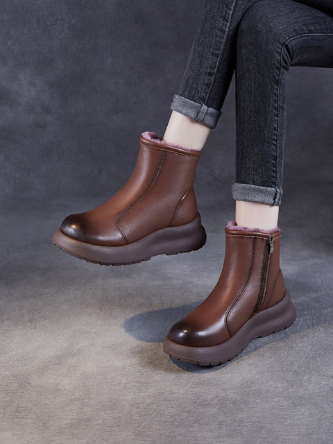 Bottes à plateforme doublées de polaire en cuir véritable vintage pour femmes