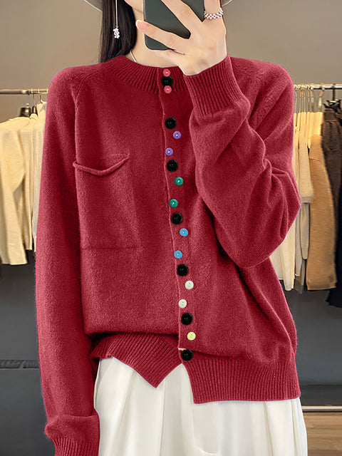 Women Autumn Wool O-Neck Pure Color Knit Sweater