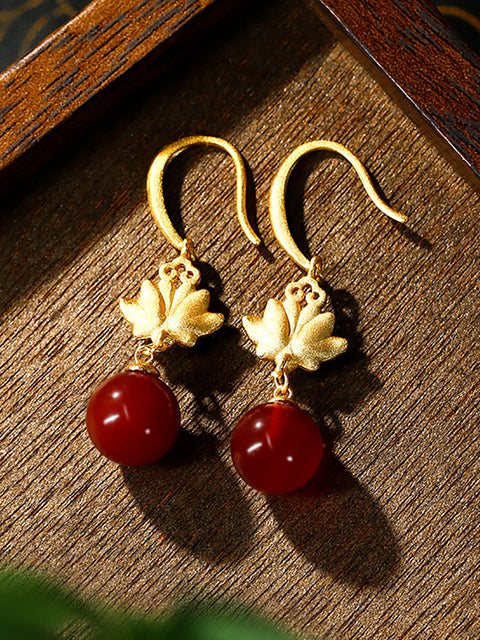 Boucles d'oreilles vintage en alliage de perles rouges en forme de lotus