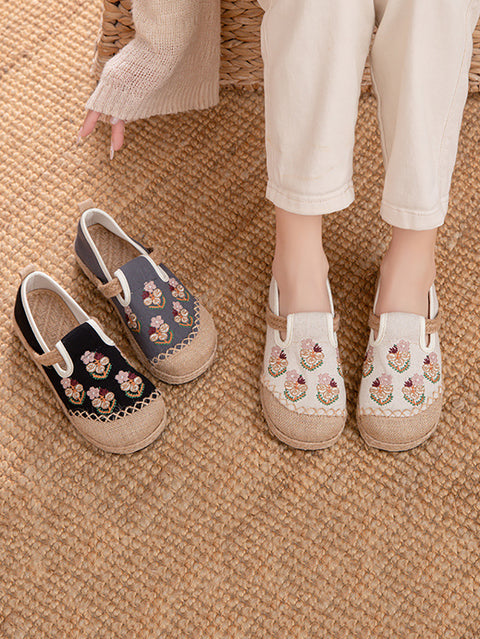 Chaussures plates en lin avec broderies de fleurs ethniques pour femmes