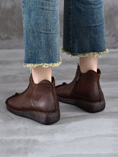 Bottes à talons bas épissées en cuir véritable vintage pour femmes