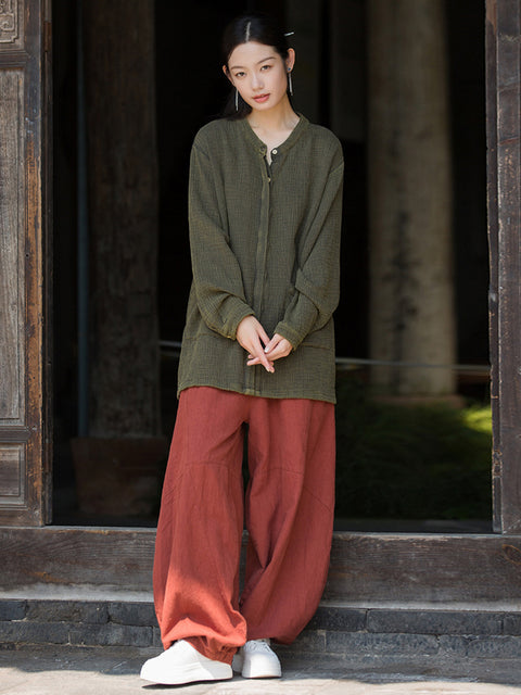 Chemise en ramie à boutons et poches solides pour femmes