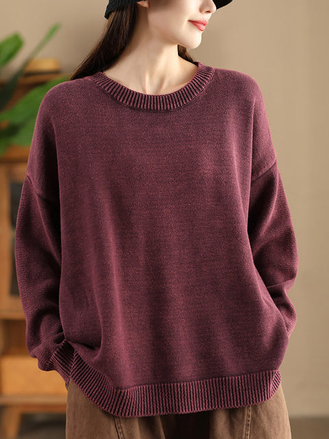 Pull en tricot à col rond décontracté pour femme, couleur unie, automne