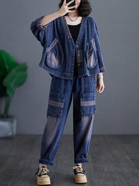 Manteau en denim à grande poche épissé de printemps rétro pour femmes