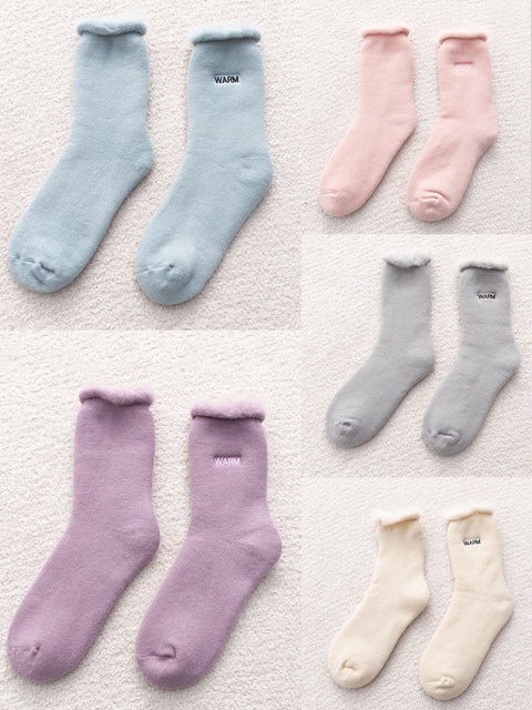 5 paires de chaussettes d'hiver en coton uni pour femmes, doublées de polaire