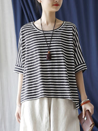 Thumbnail for Women Summer Casual Stripe Loose O-Neck Shirt