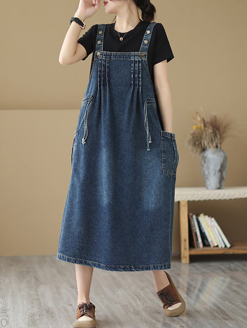 Robe en jean rétro plissée avec poches et cordon de serrage pour femmes, été