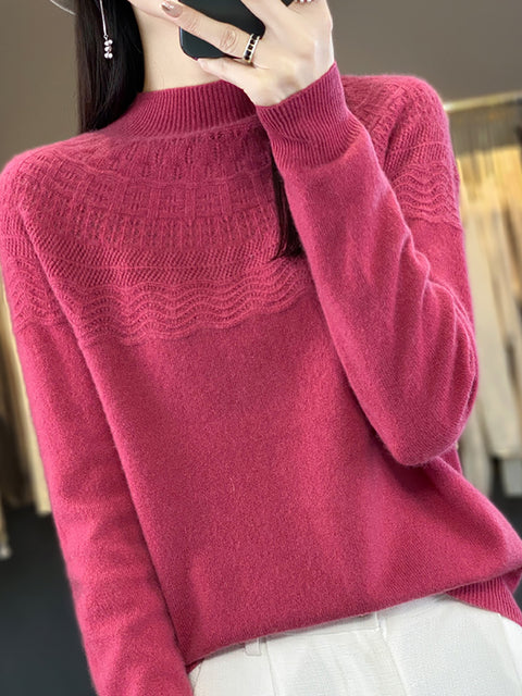 Women Autumn Cable Knit 100%Wool Half Turtleneck Sweater