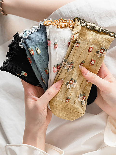 Lot de 5 paires de chaussettes d'été en jacquard à fleurs artistiques pour femmes