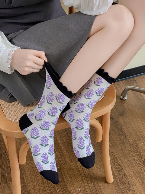 Lot de 5 paires de chaussettes mi-hautes en coton à motif floral artistique pour femmes