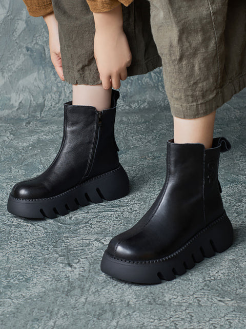 Bottes à plateforme rétro en cuir véritable pour femmes